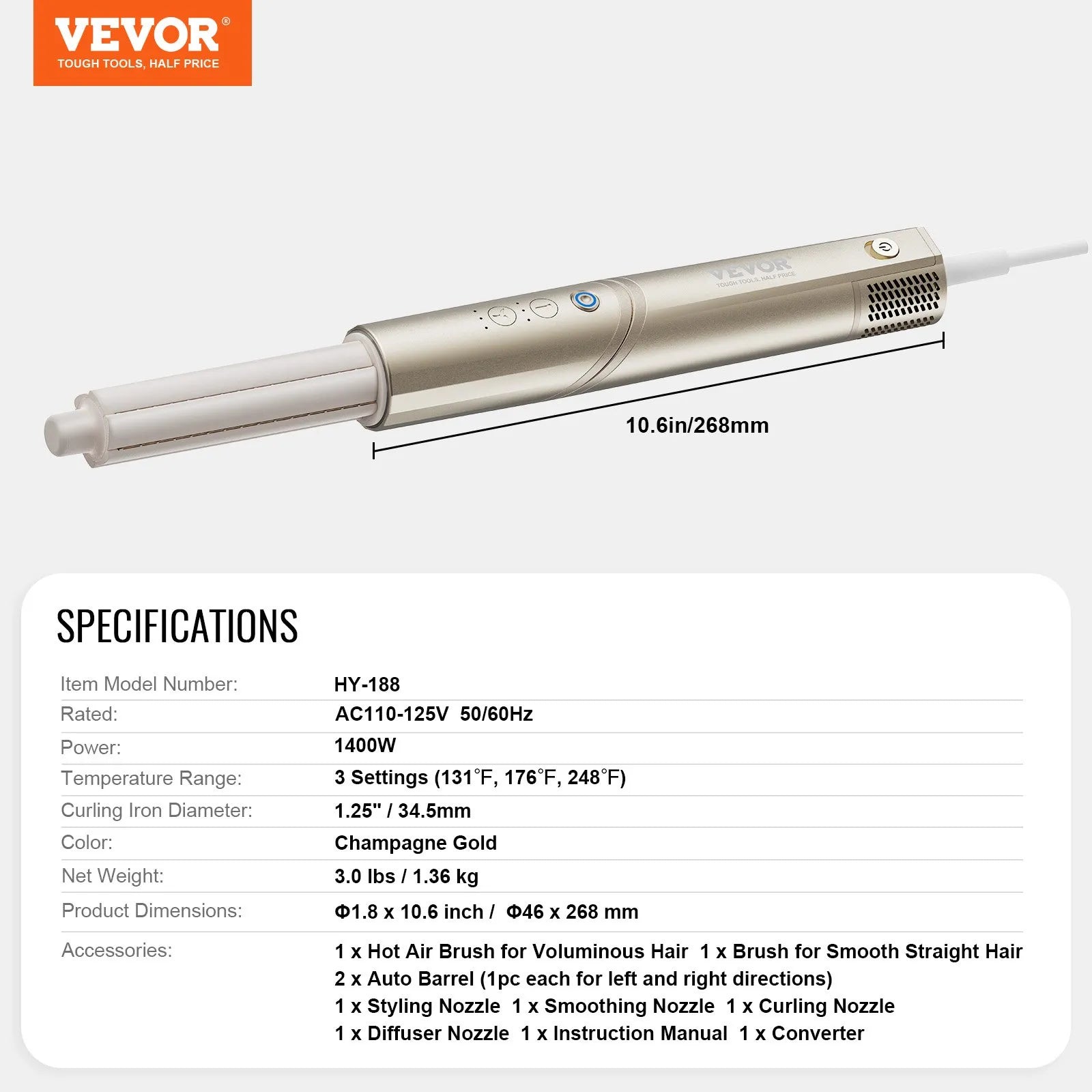 8-in-1 Hair Styler – Curling Iron, Hot Air Brush & Dryer Vevor (1400W)